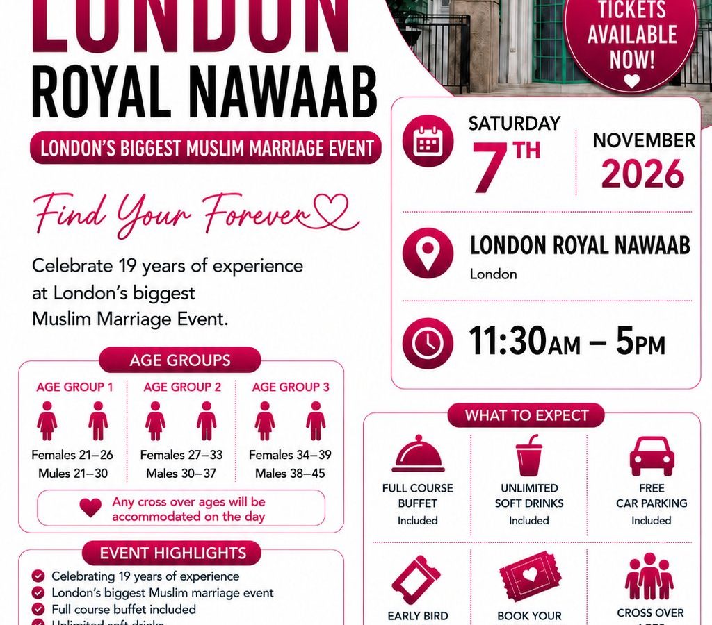 Muslim Marriage Events London – 3 Age Groups | 7th November 2026 at Royal Nawaab London